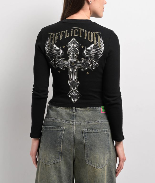 Affliction Venetian Fleet Black Thermal Long Sleeve Crop T-Shirt