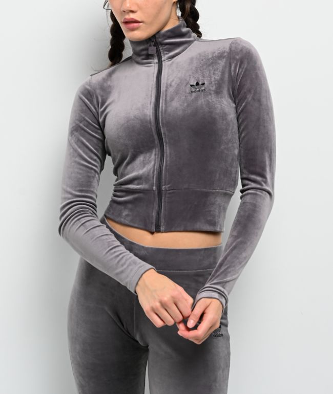 adidas Originals Essentials Grey Velour Zip Crop Track Jacket - adidas
