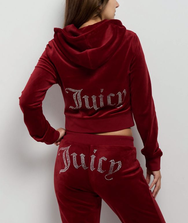 Juicy Couture OG Big Bling Red Dahlia Velour Zip Hoodie