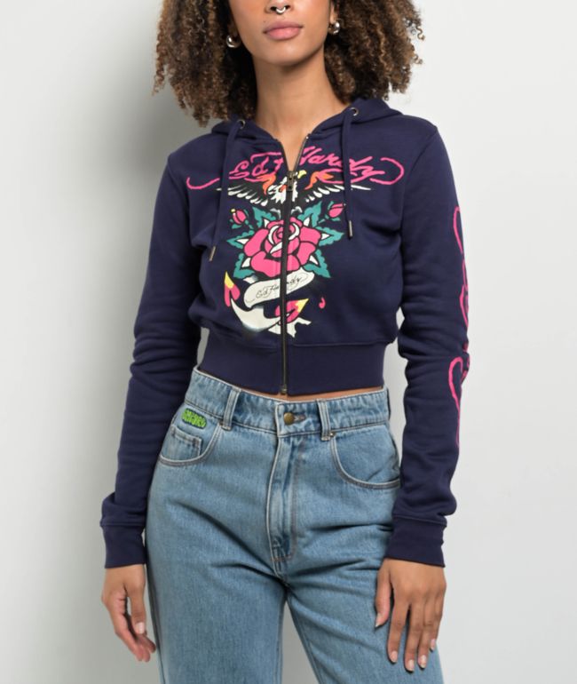 Ed Hardy Swallows Sky Blue Short Sleeve Crop Zip Hoodie | Zumiez