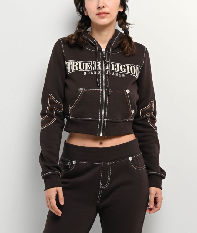True Religion Shrunken Big T Brown Crop Zip Hoodie - True Religion