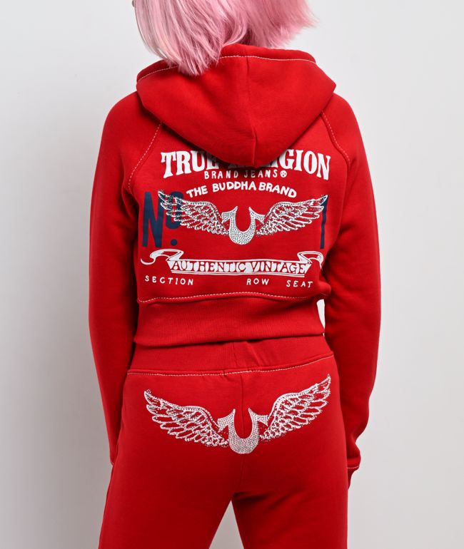 True Religion Shrunken Crystal Wing Barbados Cherry Red Crop Zip Hoodie - True Religion