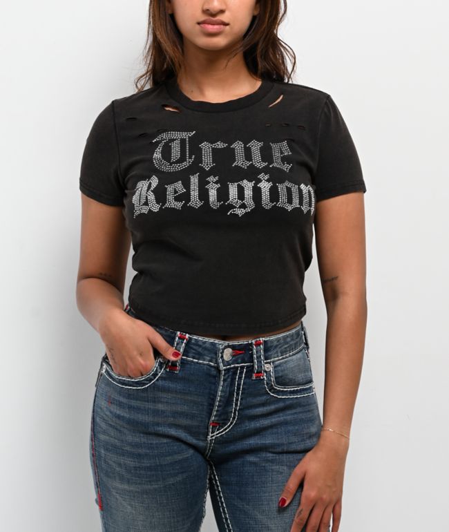 True Religion Crystal Logo Distressed Black Wash T-Shirt - True Religion