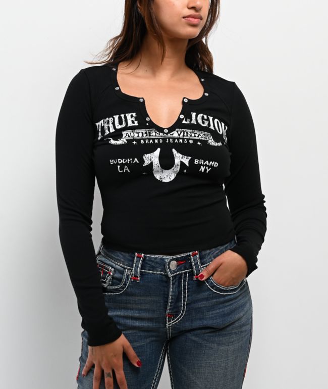 True Religion Logo Rivets V Notch Black Long Sleeve Crop T-Shirt  - True Religion