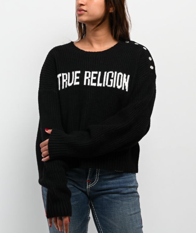 True Religion Convertible Cold Shoulder Black Sweater - True Religion