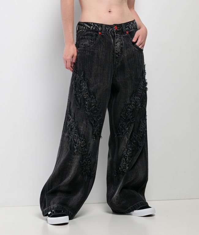 Vitriol Verona Applique Black Washed Wide Leg Jeans - Vitriol