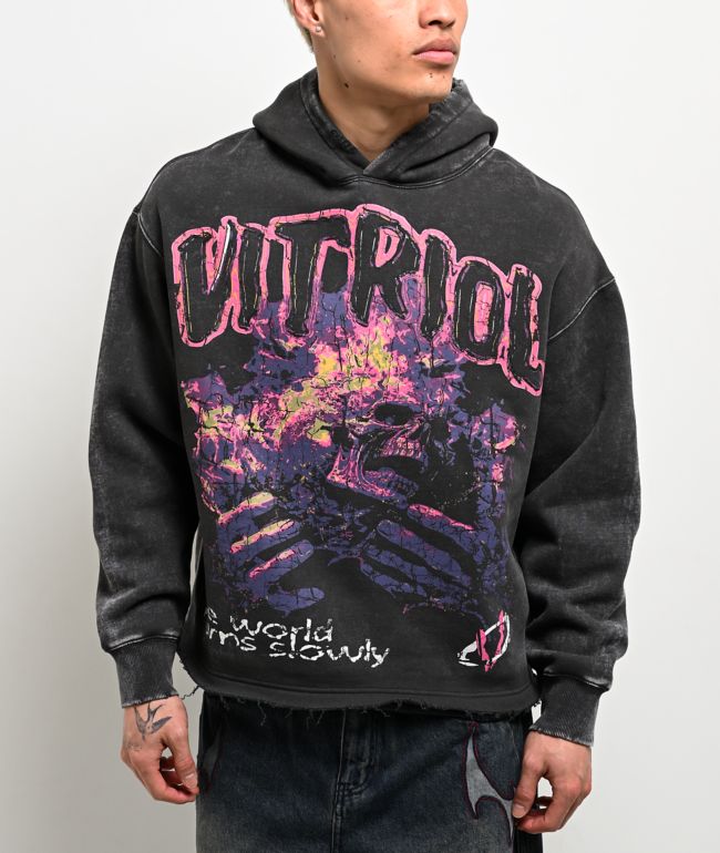 Vitriol Slow Burn Charcoal Wash Distressed Crop Hoodie - Vitriol