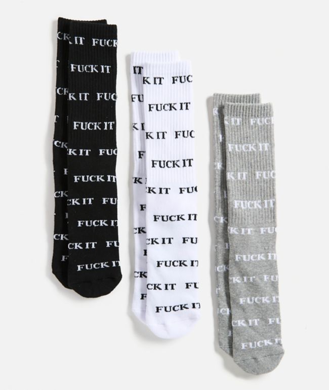 HUF Fuck It 3 Pack Black, White & Grey Crew Socks - HUF