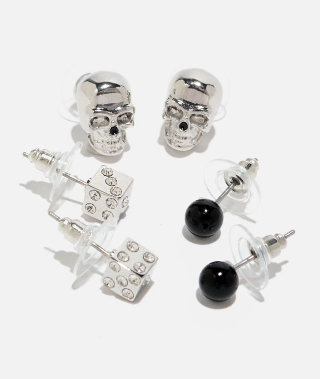 Fantas Eyes Dice & Skull Silver 3 Pack Stud Earrings - FANTAS EYES INC