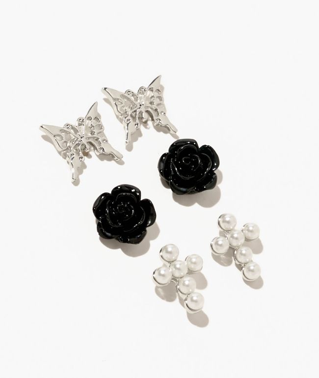 Fantas Eyes Rose & Butterfly 3 Pack Stud Earrings - FANTAS EYES INC