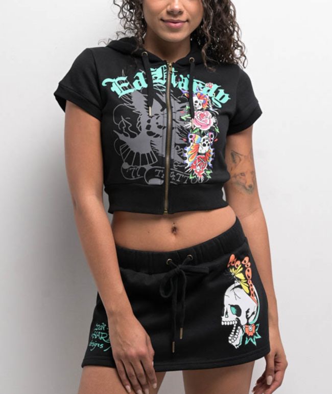 Ed Hardy Skull Black Short Sleeve Crop Zip Hoodie