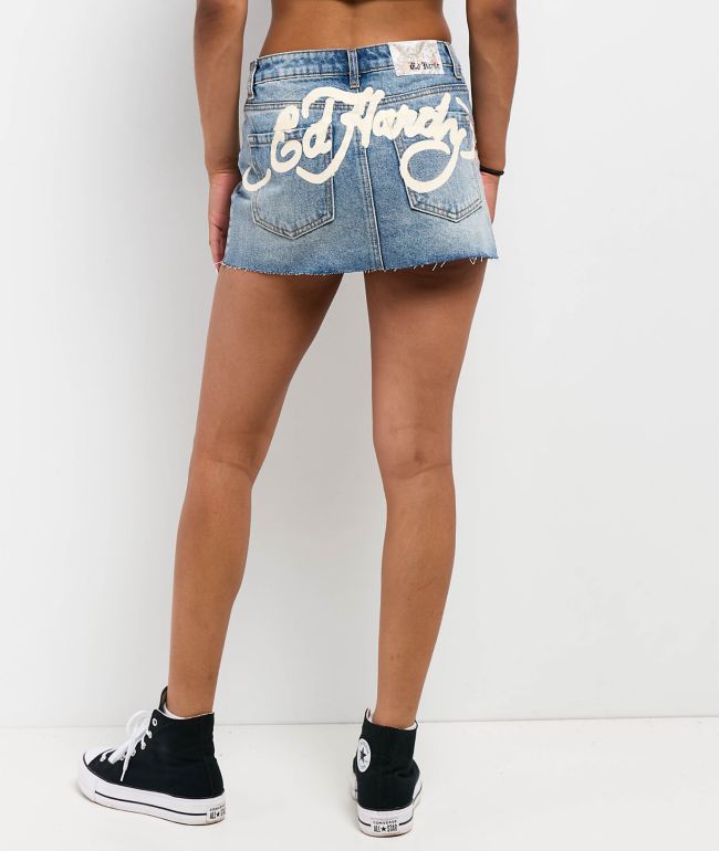 Ed Hardy Dragon Light Blue Cutoff Denim Mini Skirt | Zumiez