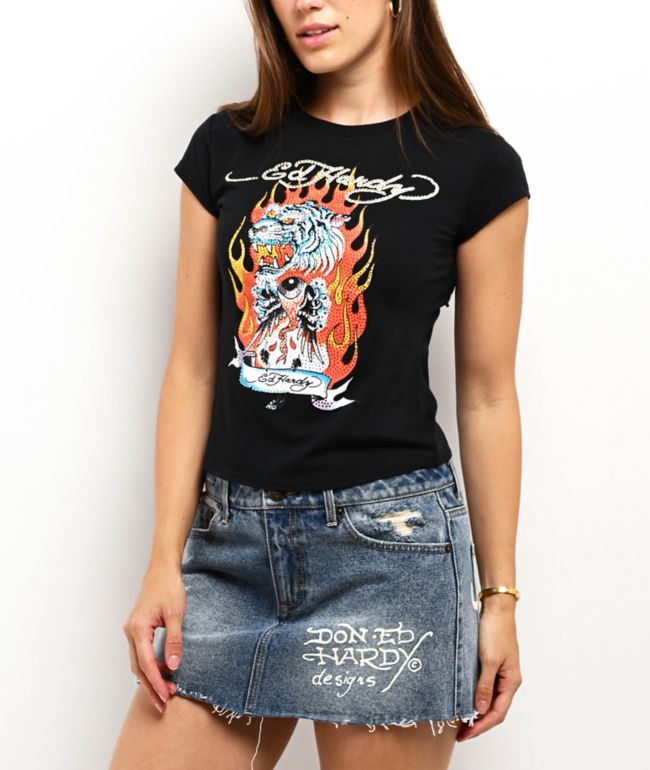 Ed Hardy Fire Tiger Rhinestone Black Cap Sleeve T-Shirt - Ed Hardy
