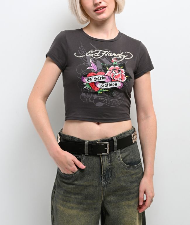 Ed Hardy Rose Heart Rhinestone Charcoal Crop T-Shirt - Ed Hardy