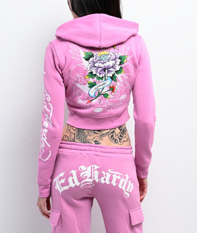 Ed Hardy Flower Skull Pink Crop Zip Hoodie