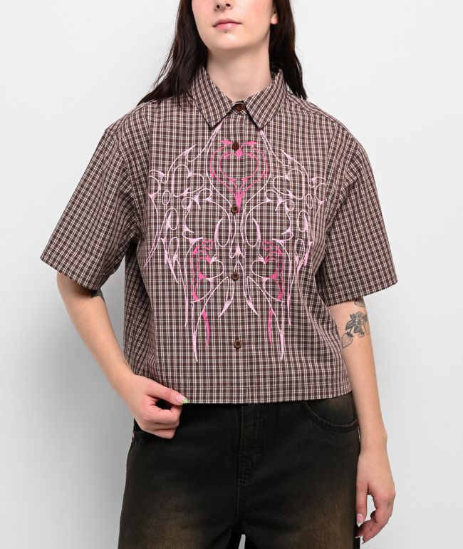 Vitriol Fallon Puce Brown Plaid Short Sleeve Button Up Crop Shirt - Vitriol