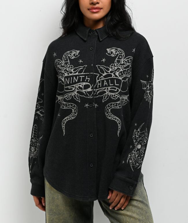 Ninth Hall Stencil Black Thermal Long Sleeve Button Up Shirt - Ninth Hall