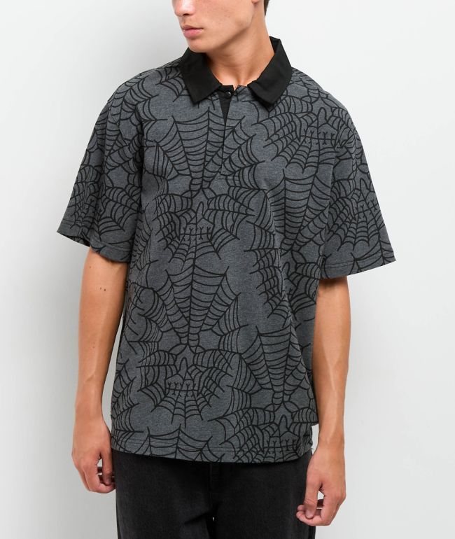 Lurking Class by Sketchy Tank Web Skull Grey Rugby Shirt - Lurking Class by Sketchy Tank