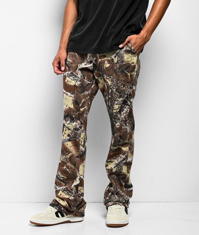 Ninth Hall Stacked Flare Beige Camo Cargo Pants | Zumiez