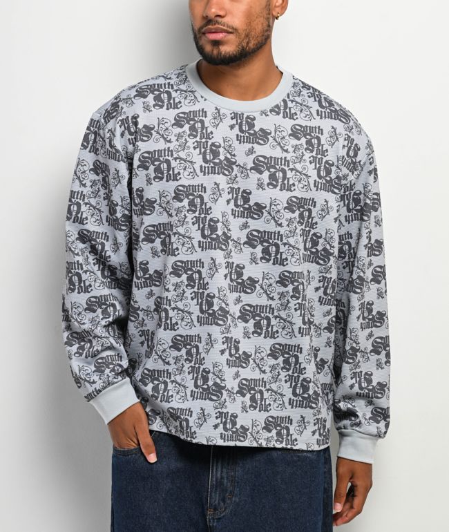Southpole Allover Grey Thermal Long Sleeve Boxy Crop T-Shirt - Southpole