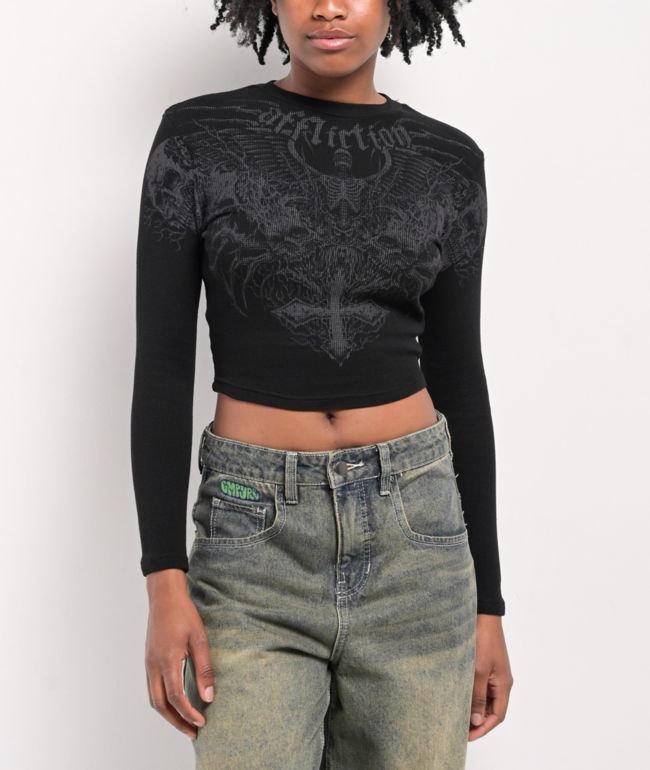 Affliction Ethereal Burial Black Thermal Long Sleeve Crop T-Shirt