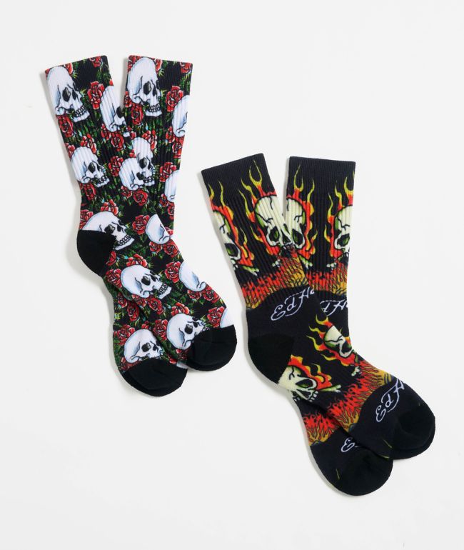 Ed Hardy Rose Flame Skull Black 2-Pack Crew Socks - Ed Hardy