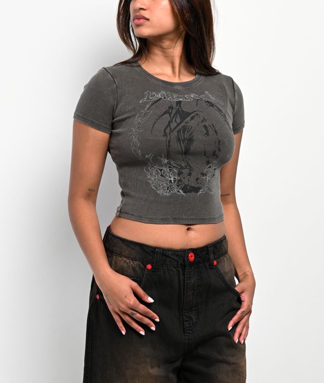 SWIXXZ Rhinestone Wings Grey Crop T-Shirt | Zumiez