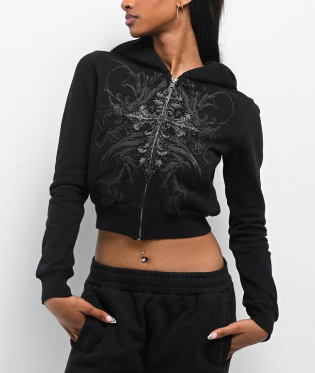 Insomnia Visuals Centerpiece Rhinestone Black Crop Zip Hoodie - Insomnia Visuals