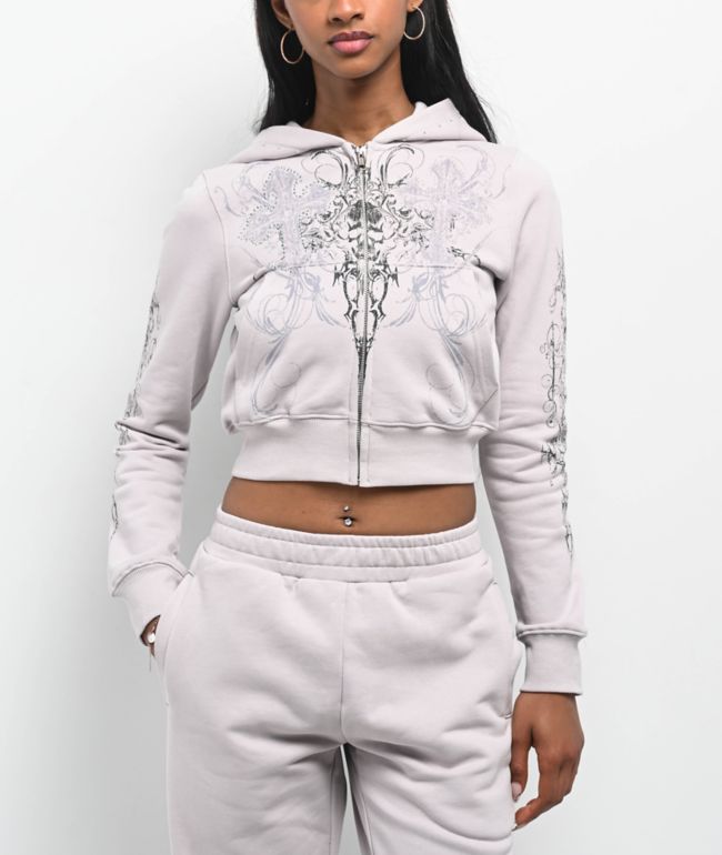 Insomnia Visuals Double Cross Rhinestone Grey Crop Zip Hoodie - Insomnia Visuals