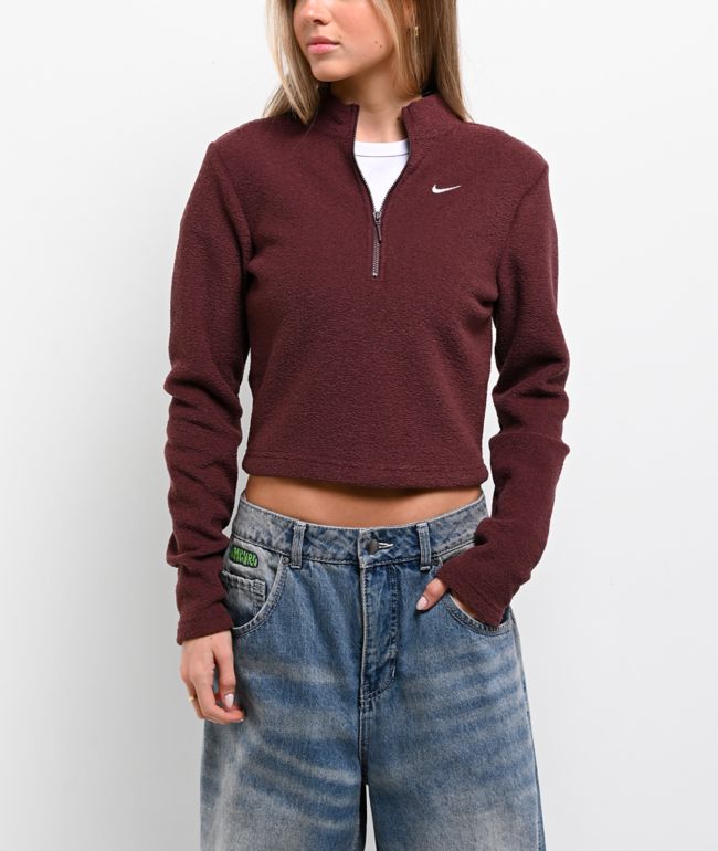 Nike Sportswear Phoenix Plush Burgundy Crush Quarter Zip Crop Sweatshirt - Nike