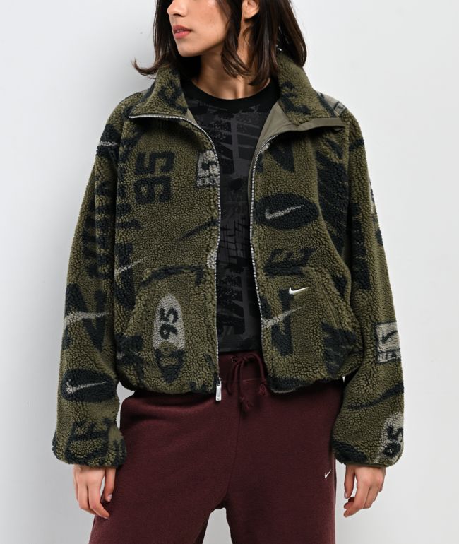 Nike Sportswear High-Pile Fleece Olive Sherpa Crop Jacket | Zumiez