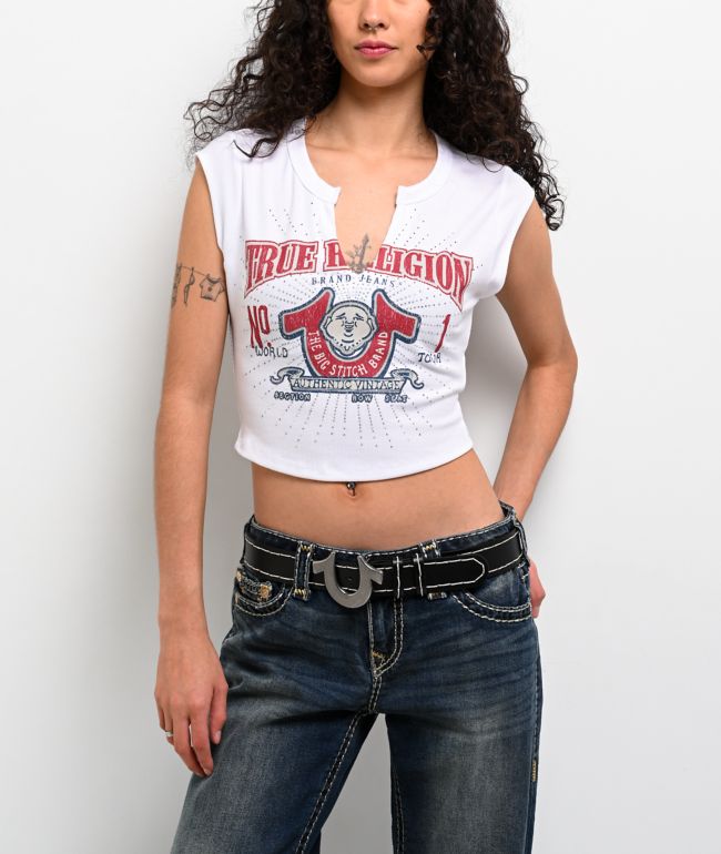 True Religion Buddha V Notch White Crop T-Shirt - True Religion