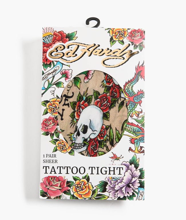 Ed Hardy Floral Tattoo Sheer Nude Tights - Ed Hardy