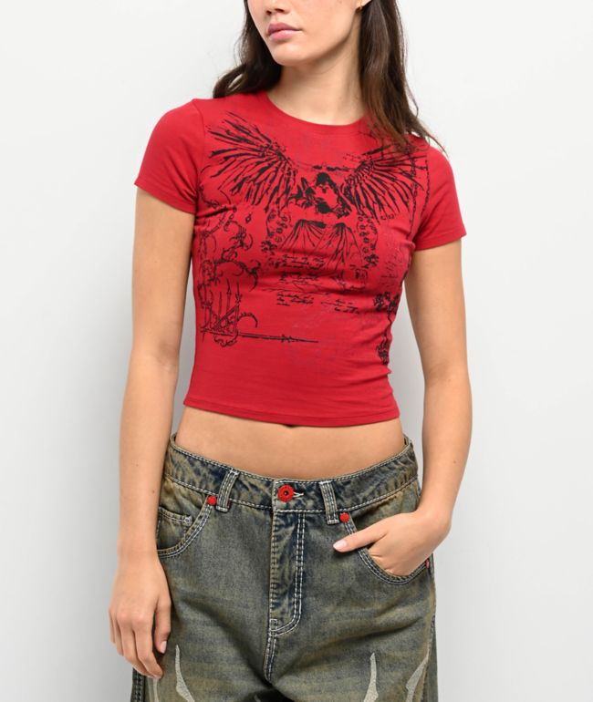 Ed Hardy Rhinestone Aces Red Crop T-Shirt | Zumiez