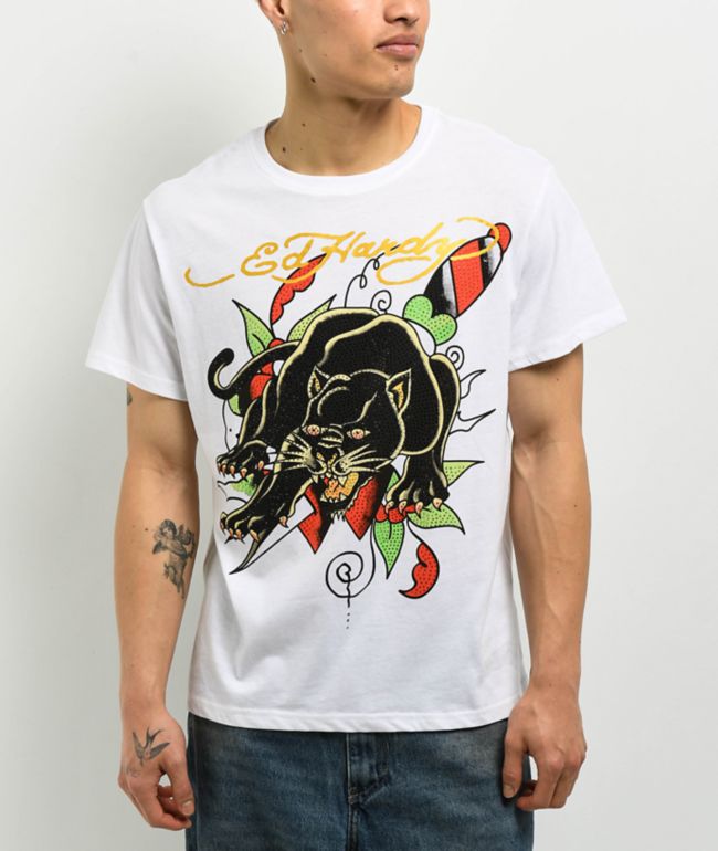 Ed Hardy Crouching Panther Rhinestone White T-Shirt - Ed Hardy