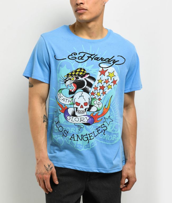 Ed Hardy Skull Panther Powder Blue T-Shirt