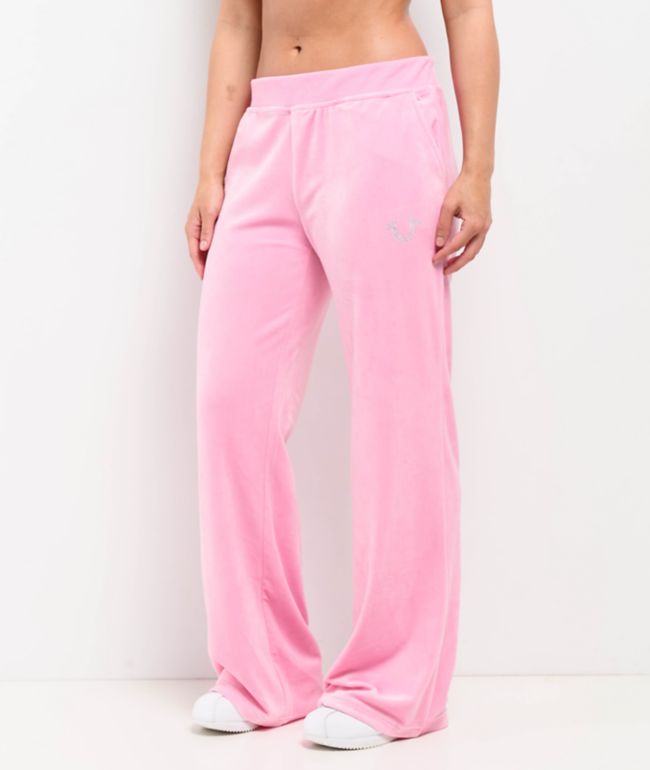 True Religion Crystal Horseshoe Pink Velour Track Pants - True Religion