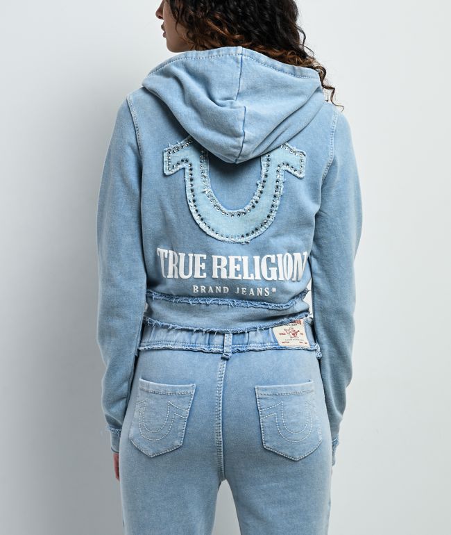 True Religion Raw Edge Shrunken Big T Pacific Wash Crop Zip Hoodie - True Religion