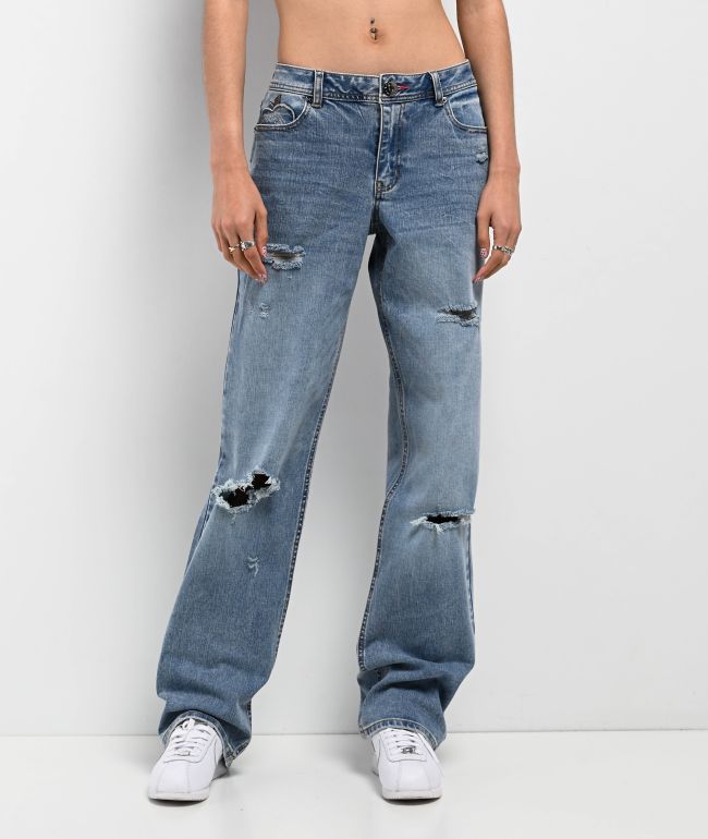 デニム・ジーパン EMIS ROSE SEMI FLARE JEANS 5BJH700 Empyre Glimmer Blossom Light Blue Wash Mid Rise Flare Jeans