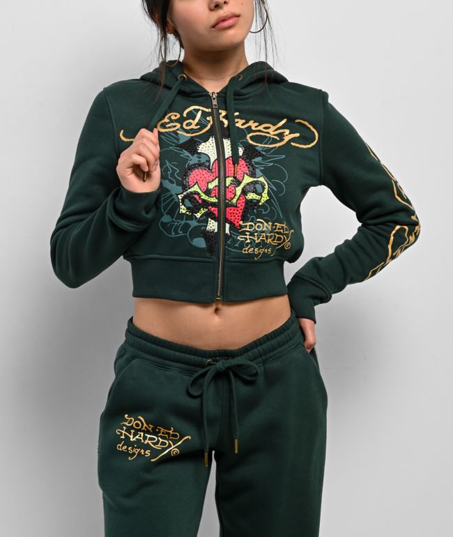 Ed Hardy Sacred Heart Rhinestone Green Cop Zip Hoodie - Ed Hardy