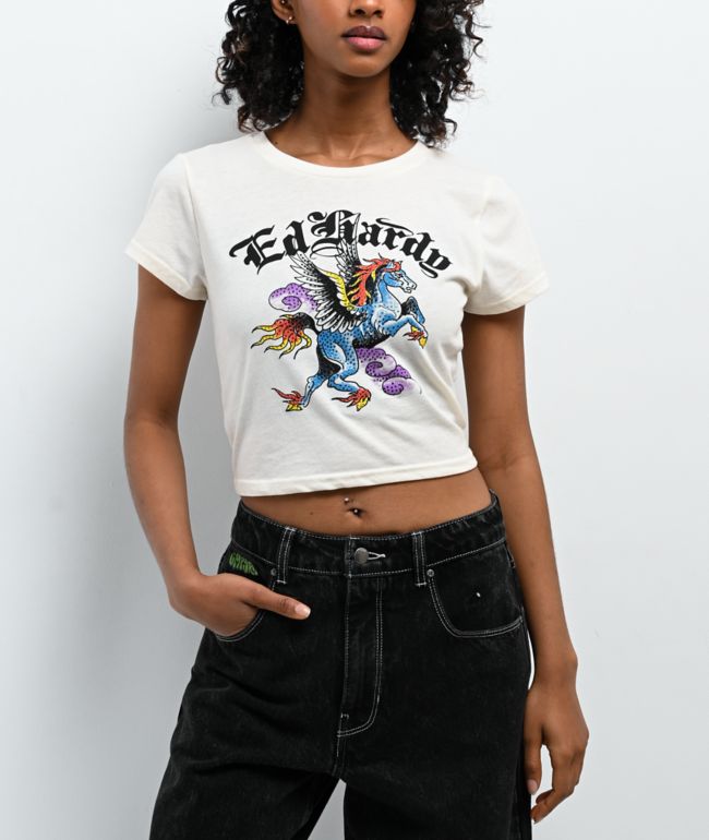 Ed Hardy Pegasus Rhinestone Ivory Crop T-Shirt - Ed Hardy