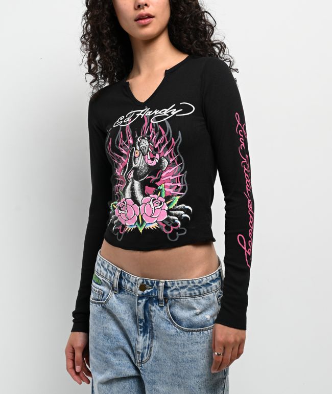 Ed Hardy Heart Roses Orchid Pink Notch Thermal Long Sleeve T-Shirt