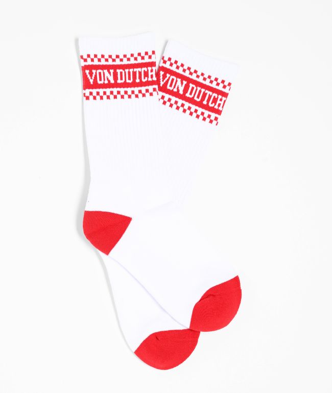 Von Dutch Checker Stripe White & Red Crew Socks - Von Dutch