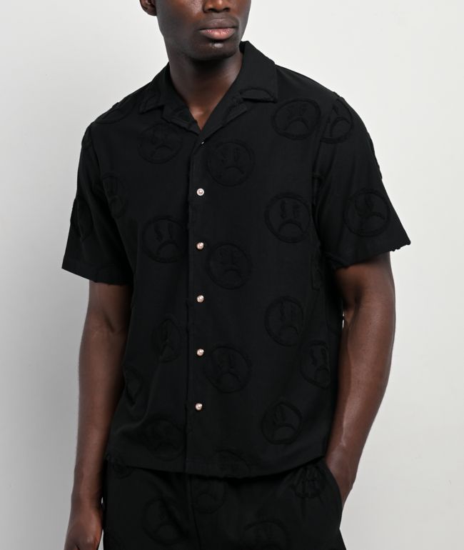 $AD BOYZ by Junior H Face Woven Black Terry Short Sleeve Button Up Shirt