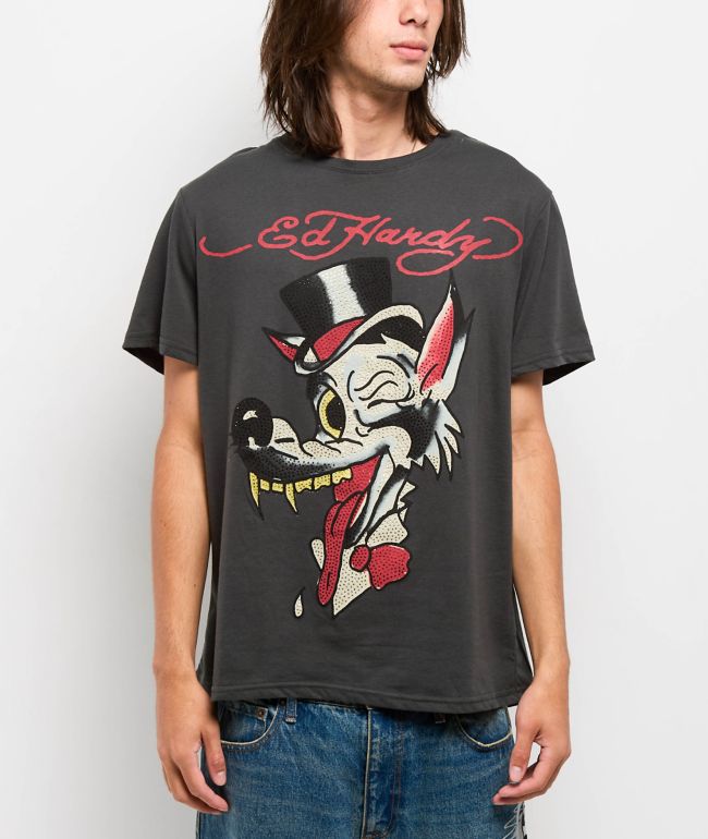 Ed Hardy Wolf Head Rhinestone Charcoal T-Shirt - Ed Hardy