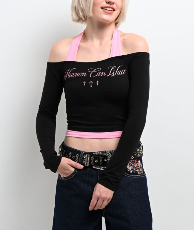 Ninth Hall Destiny Black & Pink Long Sleeve Faux Halter Top - Ninth Hall