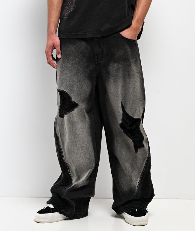 Vitriol Void Depth Distressed Black Wash Wide Leg Jeans - Vitriol