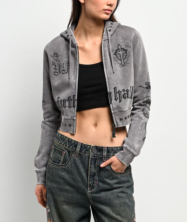 クルミ Ninth Hall Melanie Grey Wash Mega Crop Zip Hoodie | Zumiez