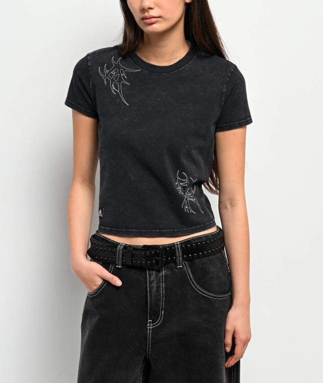 Lurking Class by Sketchy Tank x Kyle Grand Sin Embroidered Black Wash Crop T-Shirt - Lurking Class by Sketchy Tank