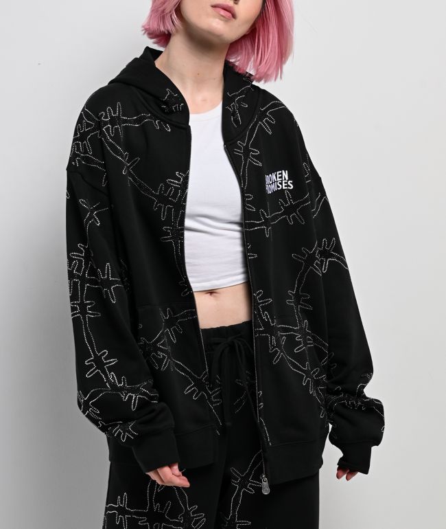 Broken Promises Ultrawire Rhinestone Black Zip Hoodie - Broken Promises